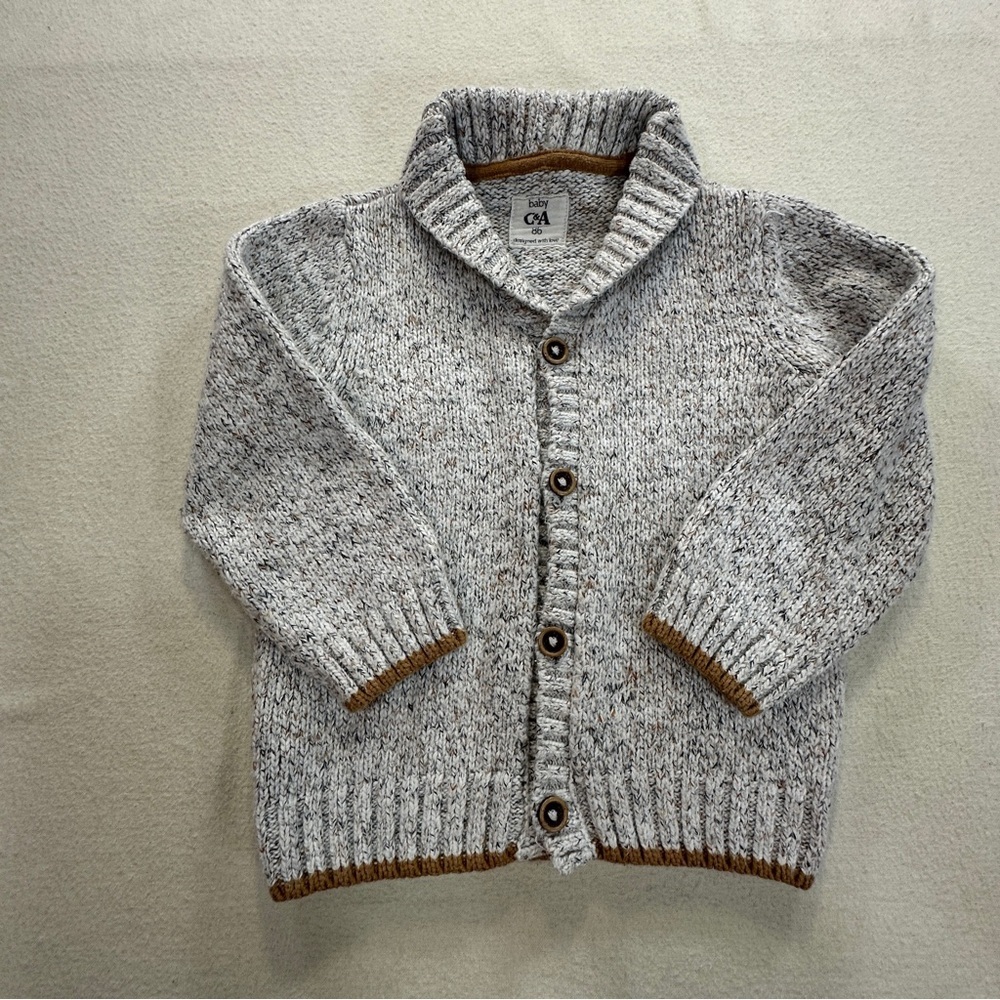 Baby C & A Stylish Gray Knit Kids Cardigan Sweater Brown Accents (86) Sz 12-18M
